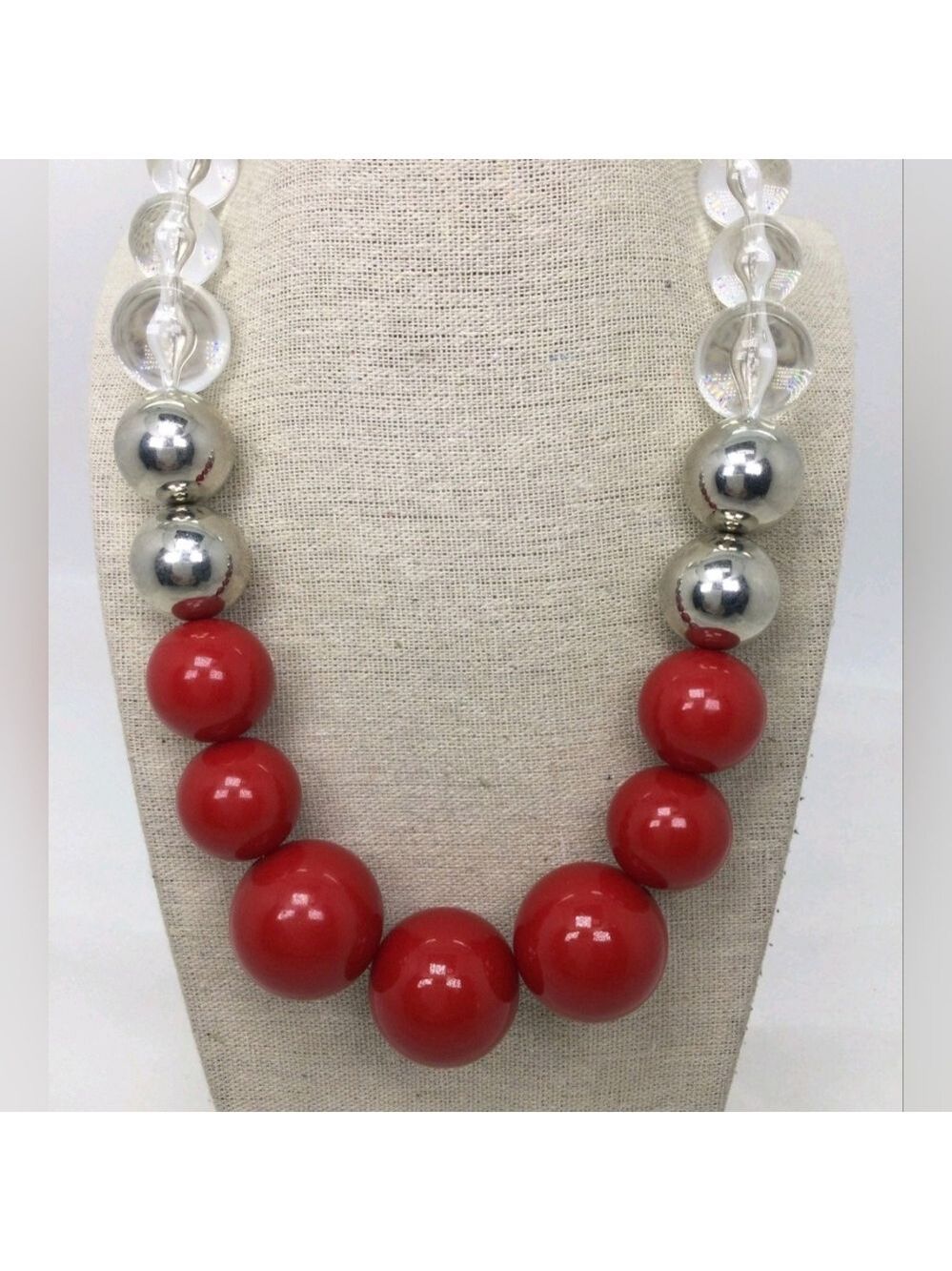 Graziano Red Clear & Silver Chunky Beads Necklace 18" EUC